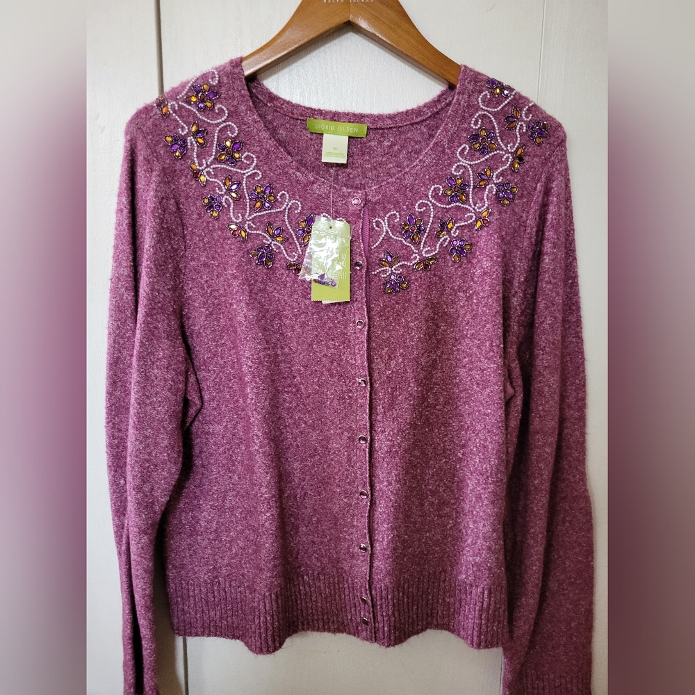 NWT Sigrid Olsen Purple Bead Embellished Cardigan Sweater Sz XL